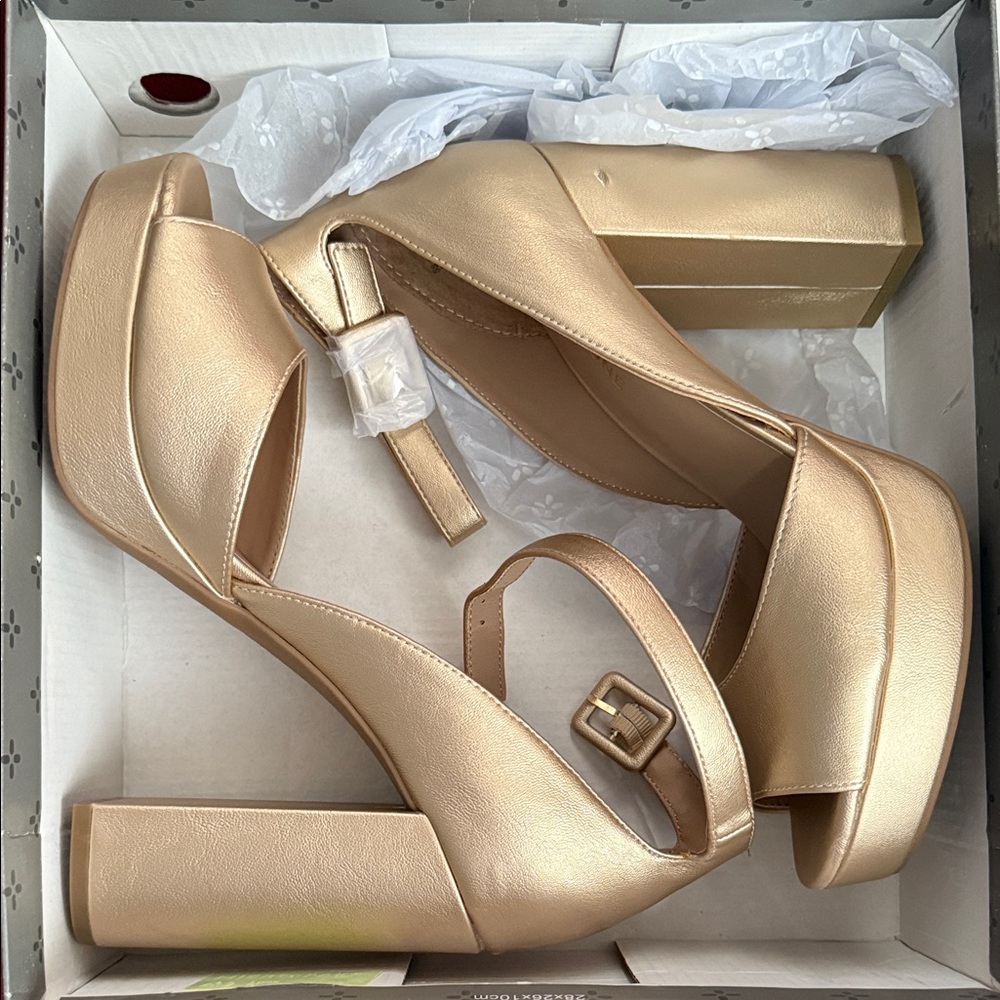 Sun + Stone Gold Block Heel Sandals